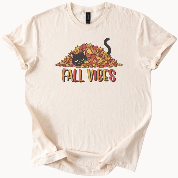 Fall Vibes Cat Shirt Autumn Leaves Graphic Tee Cute Black Cat Fall Shirt - Picture 1 of 6